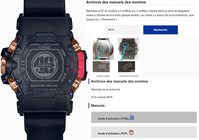 Trouver la notice d'utilisation d'un modèle de montre Casio G-Shock