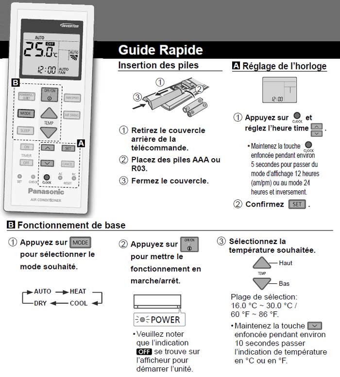 Guide d'utilisation Télécommande Climatiseur Panasonic Inverter R410A
